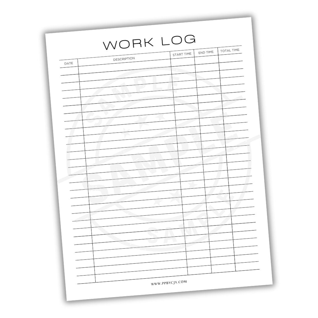 Work log sheet with columns for date, description, start time, end time, and total time on a white background.