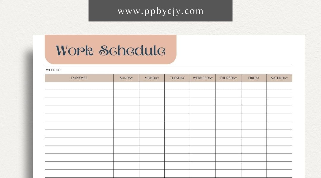 Work Schedule Printable Template – Digital download for organizing and managing work shifts, tasks, and deadlines, including sections for dates, times, and job responsibilities