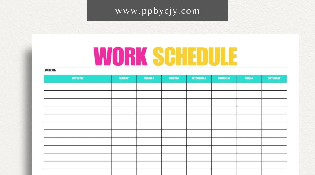 Work Schedule Printable Template – Digital download for organizing and managing work shifts, tasks, and deadlines, including sections for dates, times, and job responsibilities