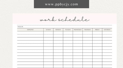 Work Schedule Printable Template – Digital download for organizing and managing work shifts, tasks, and deadlines, including sections for dates, times, and job responsibilities