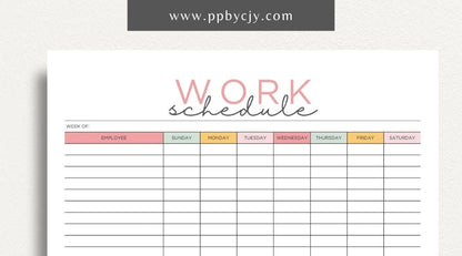 Work Schedule Printable Template – Digital download for organizing and managing work shifts, tasks, and deadlines, including sections for dates, times, and job responsibilities