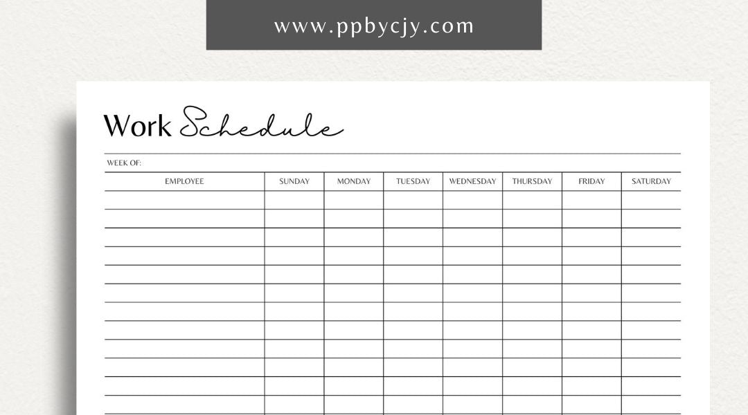 Work Schedule Printable Template – Digital download for organizing and managing work shifts, tasks, and deadlines, including sections for dates, times, and job responsibilities