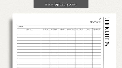 Work Schedule Printable Template – Digital download for organizing and managing work shifts, tasks, and deadlines, including sections for dates, times, and job responsibilities