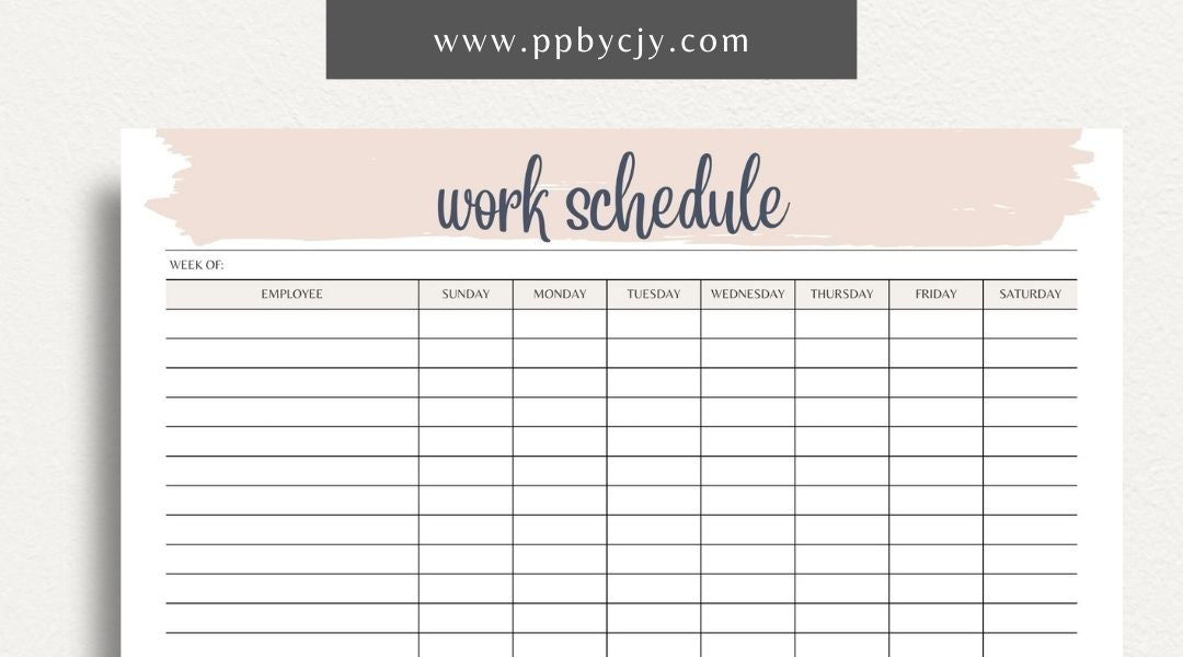 Work Schedule Printable Template – Digital download for organizing and managing work shifts, tasks, and deadlines, including sections for dates, times, and job responsibilities