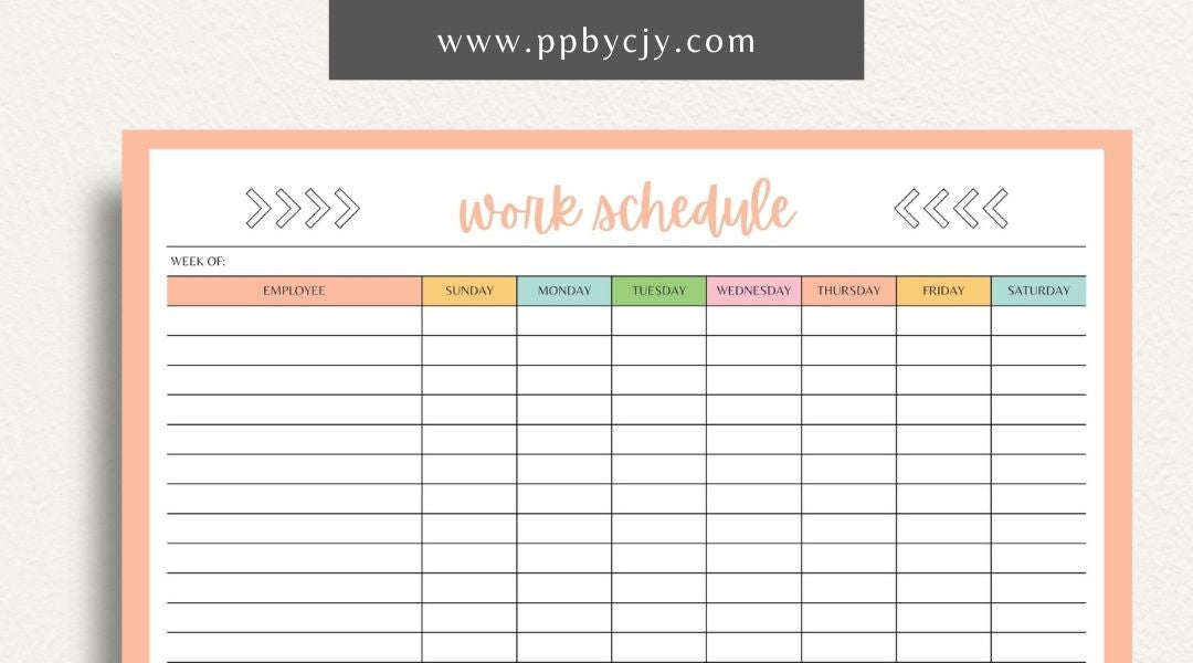 Work Schedule Printable Template – Digital download for organizing and managing work shifts, tasks, and deadlines, including sections for dates, times, and job responsibilities