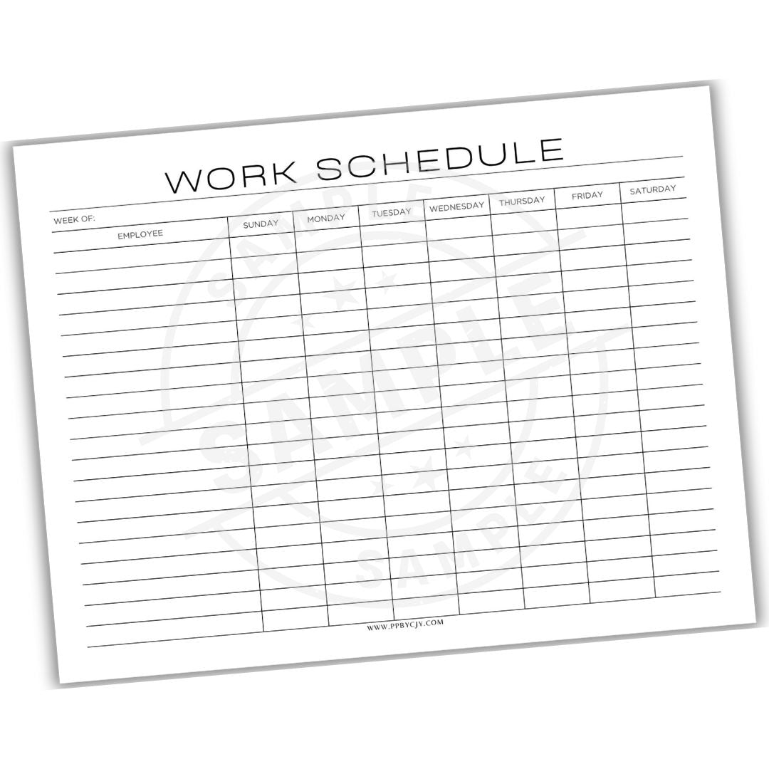 Blank work schedule sheet with days of the week