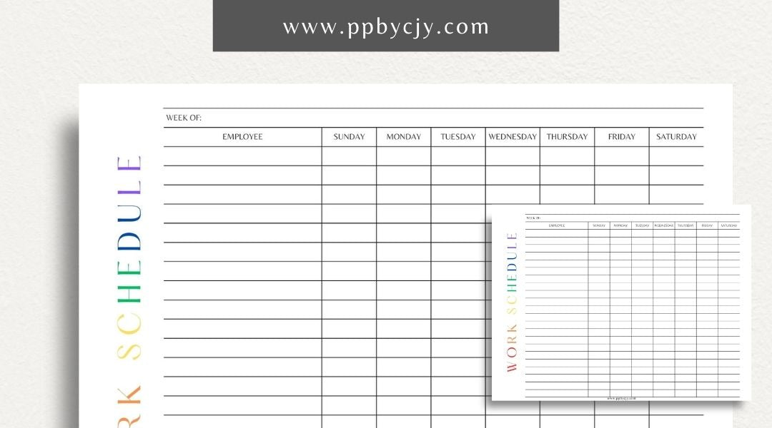 Work Schedule Printable Template – Digital download for organizing and managing work shifts, tasks, and deadlines, including sections for dates, times, and job responsibilities