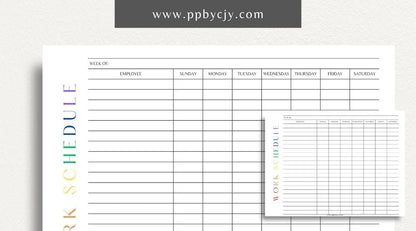 Work Schedule Printable Template – Digital download for organizing and managing work shifts, tasks, and deadlines, including sections for dates, times, and job responsibilities