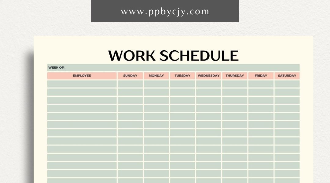 Work Schedule Printable Template – Digital download for organizing and managing work shifts, tasks, and deadlines, including sections for dates, times, and job responsibilities