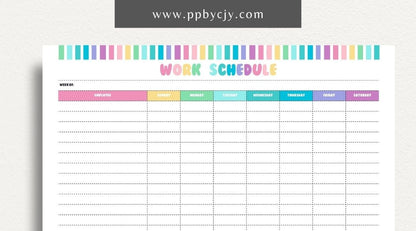 Work Schedule Printable Template – Digital download for organizing and managing work shifts, tasks, and deadlines, including sections for dates, times, and job responsibilities