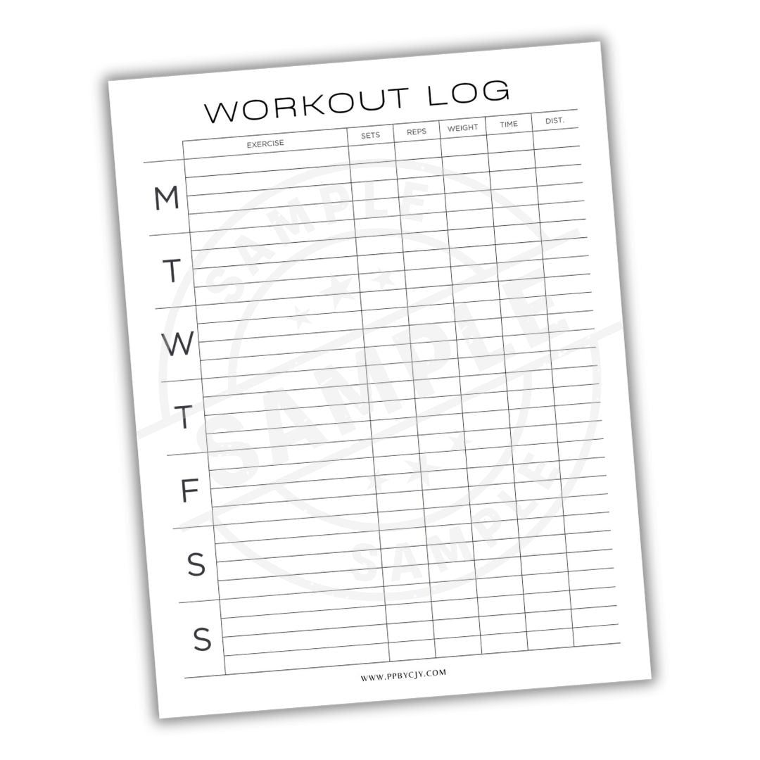 Workout log sheet with days of the week and columns for exercise details on a white background.