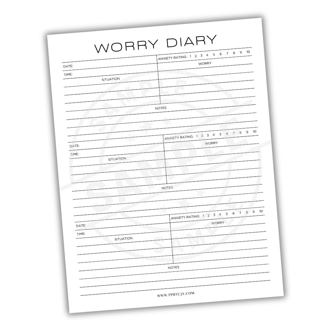 Worry diary sheet with columns for date, situation, anxiety rating, and notes on a white background.