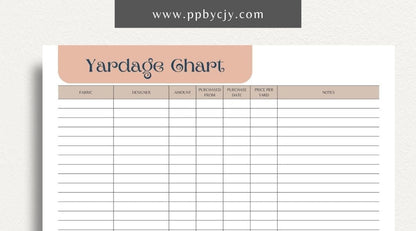 Fabric Yardage Tracker Printable Template – Digital download for managing and recording fabric inventory, including fabric types, quantities, and usage details