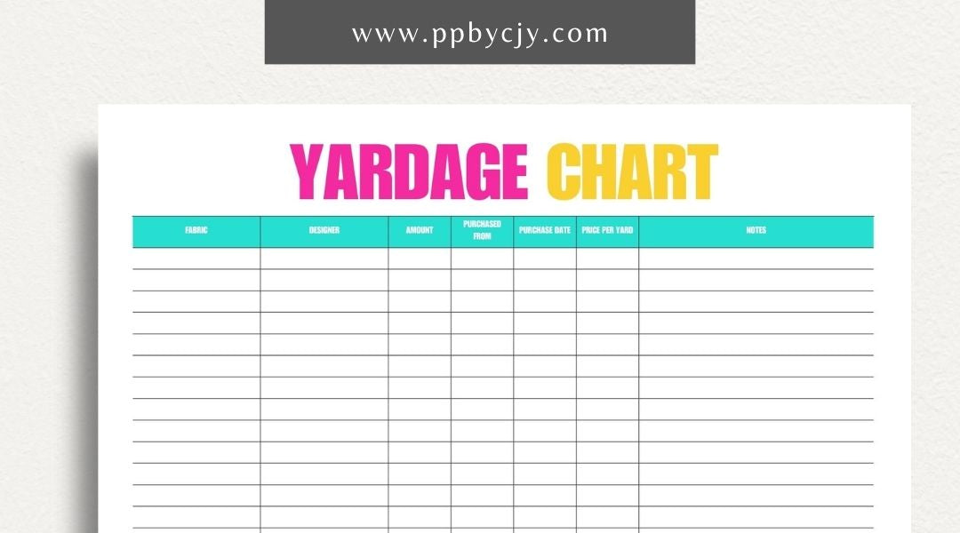 Fabric Yardage Tracker Printable Template – Digital download for managing and recording fabric inventory, including fabric types, quantities, and usage details