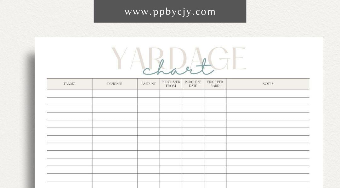 Fabric Yardage Tracker Printable Template – Digital download for managing and recording fabric inventory, including fabric types, quantities, and usage details