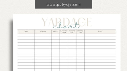 Fabric Yardage Tracker Printable Template – Digital download for managing and recording fabric inventory, including fabric types, quantities, and usage details