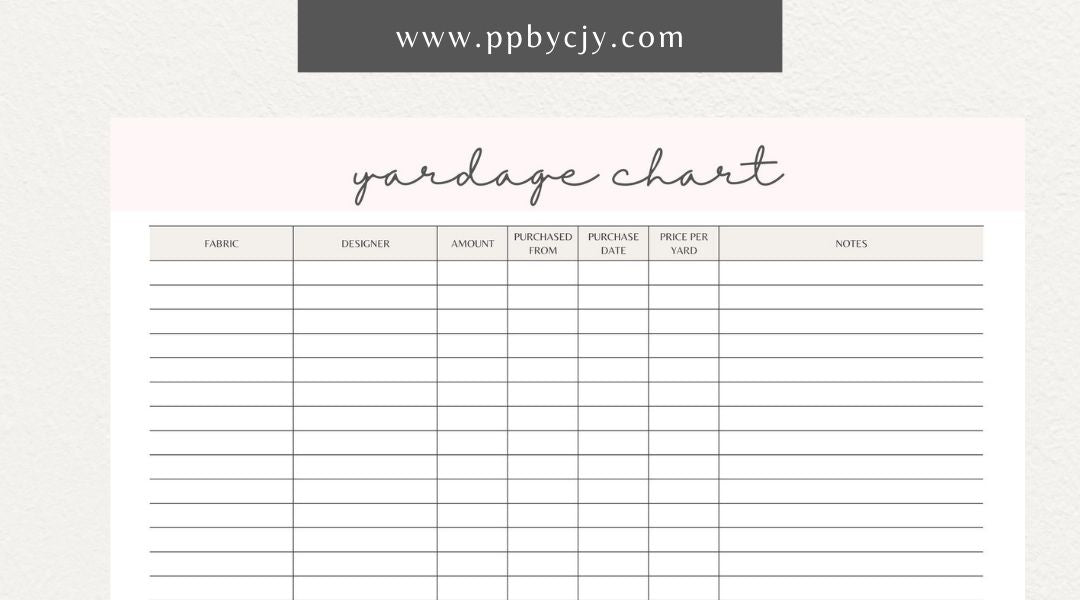 Fabric Yardage Tracker Printable Template – Digital download for managing and recording fabric inventory, including fabric types, quantities, and usage details