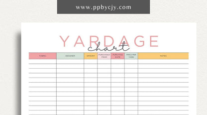 Fabric Yardage Tracker Printable Template – Digital download for managing and recording fabric inventory, including fabric types, quantities, and usage details