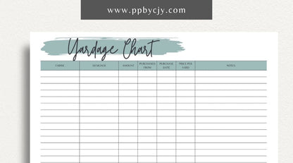 Fabric Yardage Tracker Printable Template – Digital download for managing and recording fabric inventory, including fabric types, quantities, and usage details