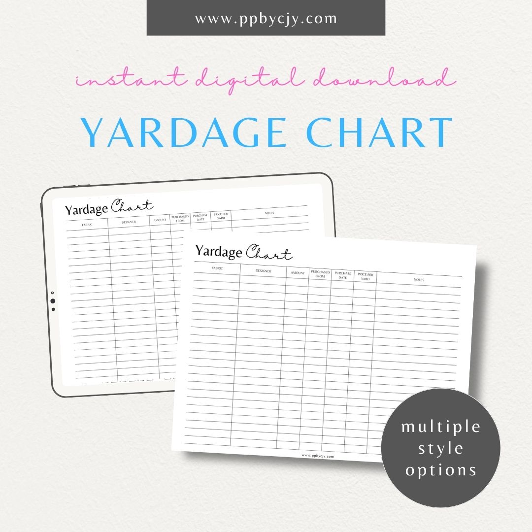 Fabric Yardage Tracker Printable Template – Digital download for managing and recording fabric inventory, including fabric types, quantities, and usage details