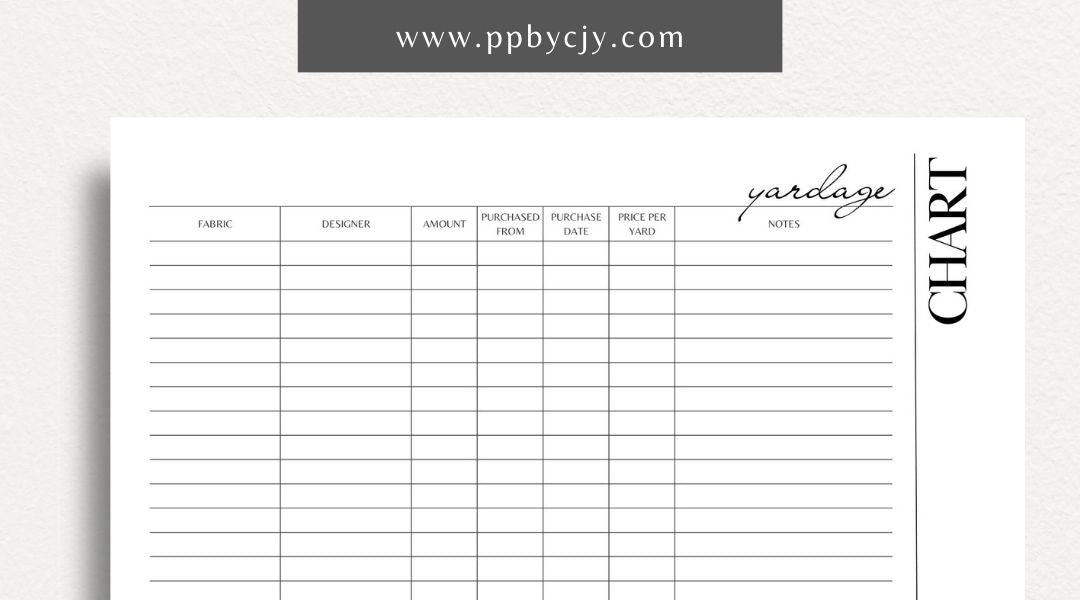 Fabric Yardage Tracker Printable Template – Digital download for managing and recording fabric inventory, including fabric types, quantities, and usage details