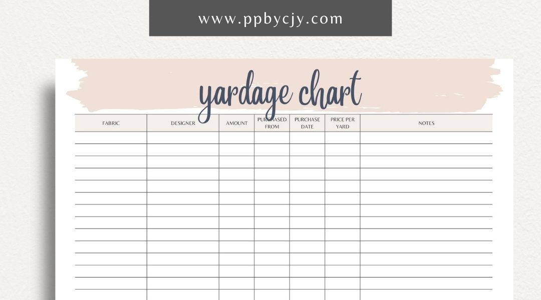 Fabric Yardage Tracker Printable Template – Digital download for managing and recording fabric inventory, including fabric types, quantities, and usage details