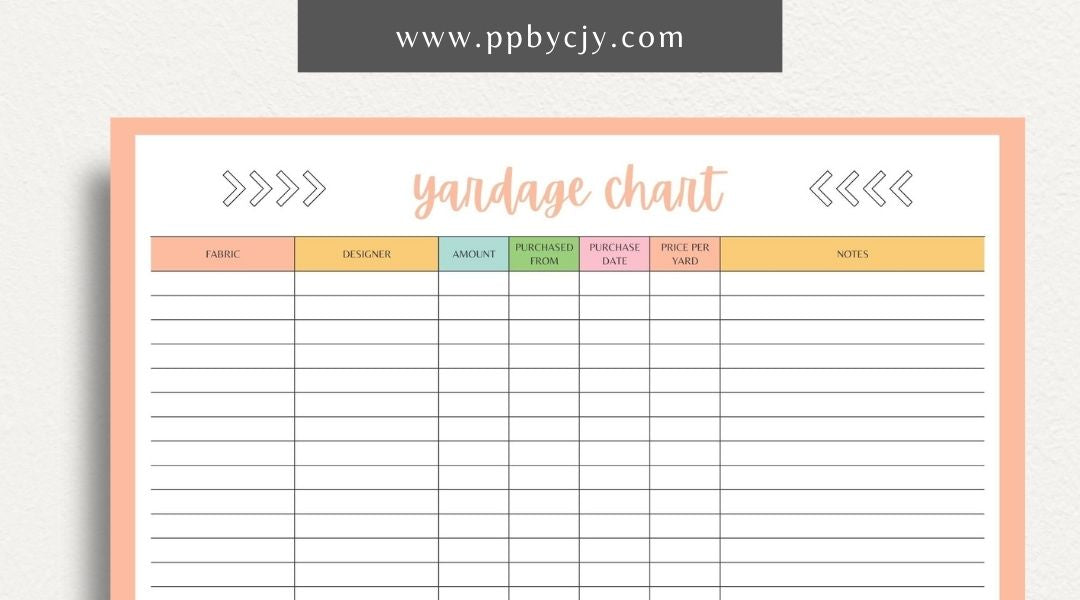 Fabric Yardage Tracker Printable Template – Digital download for managing and recording fabric inventory, including fabric types, quantities, and usage details