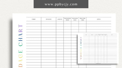 Fabric Yardage Tracker Printable Template – Digital download for managing and recording fabric inventory, including fabric types, quantities, and usage details