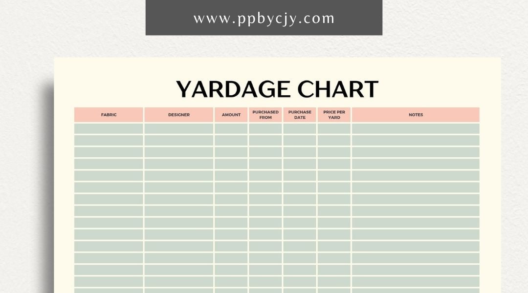 Fabric Yardage Tracker Printable Template – Digital download for managing and recording fabric inventory, including fabric types, quantities, and usage details