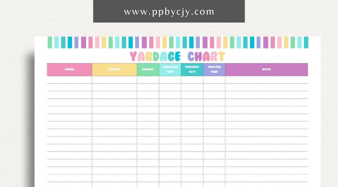 Fabric Yardage Tracker Printable Template – Digital download for managing and recording fabric inventory, including fabric types, quantities, and usage details