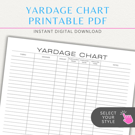 Fabric Yardage Chart Printable PDF Template for tracking fabric measurements and project needs, perfect for sewing, quilting, and crafting.

