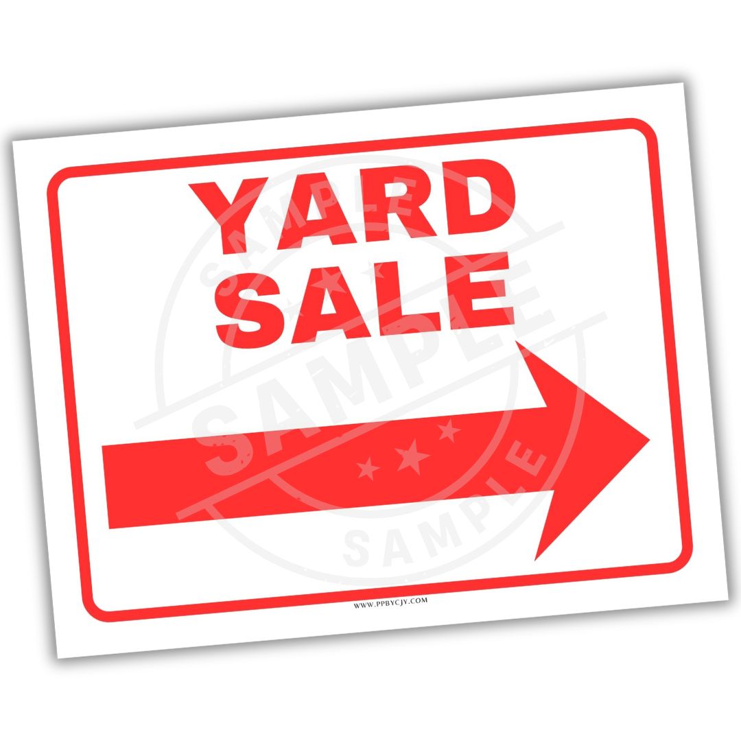 Yard sale sign with red text and arrow on a white background