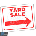 Yard sale sign with red text and arrow on a white background