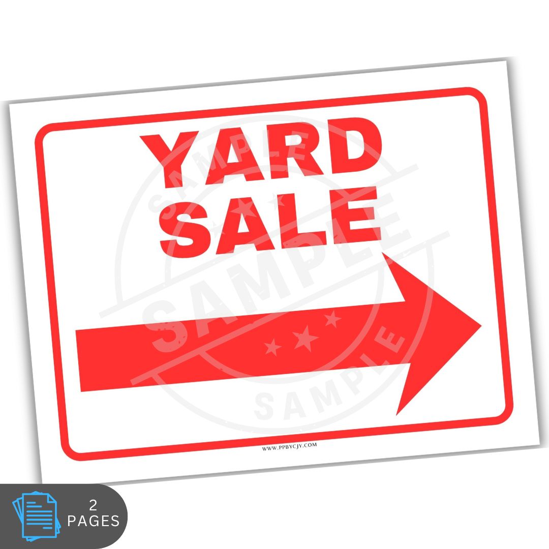 Yard sale sign with red text and arrow on a white background