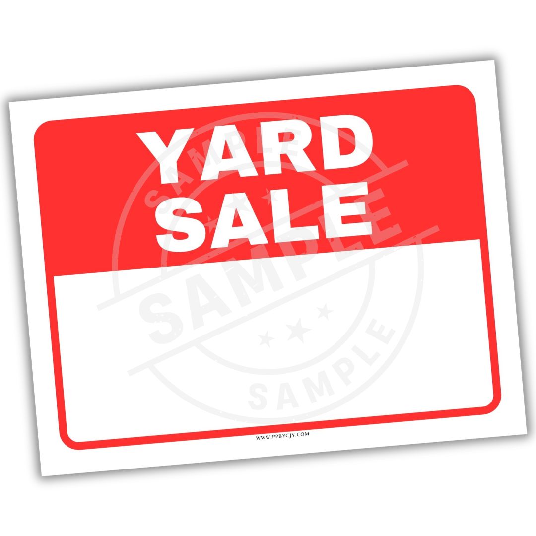 Yard sale sign with red background and white text on a white background