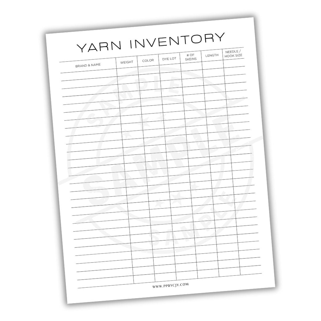 Yarn inventory sheet with a grid for tracking yarn details on a white background