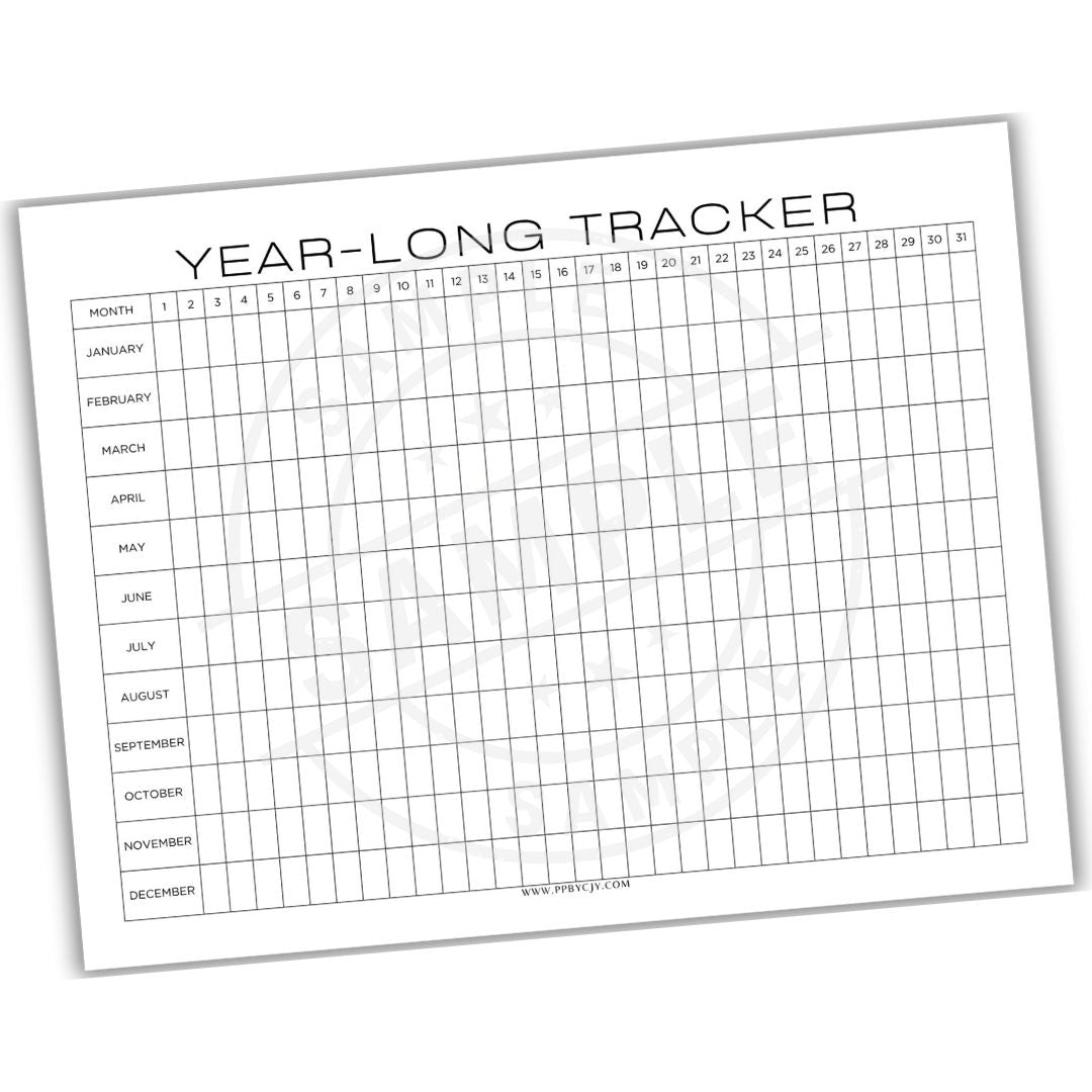 Year-long tracker with grid for tracking daily or weekly activities on a white background