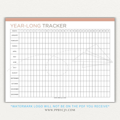 Year-Long Tracker Printable PDF Template for tracking habits, goals, and progress over 12 months.