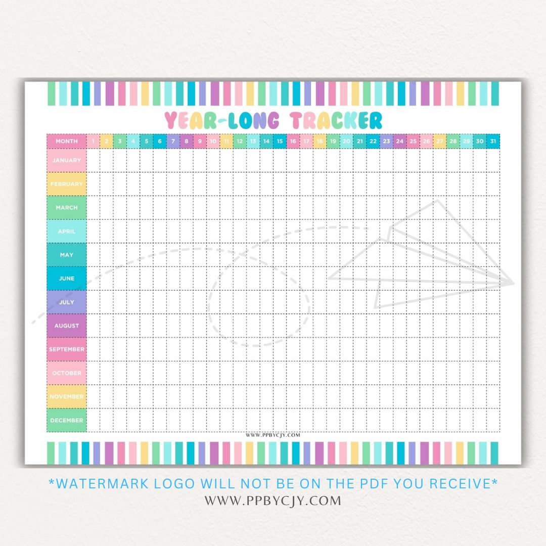 Year-Long Tracker Printable PDF Template for tracking habits, goals, and progress over 12 months.