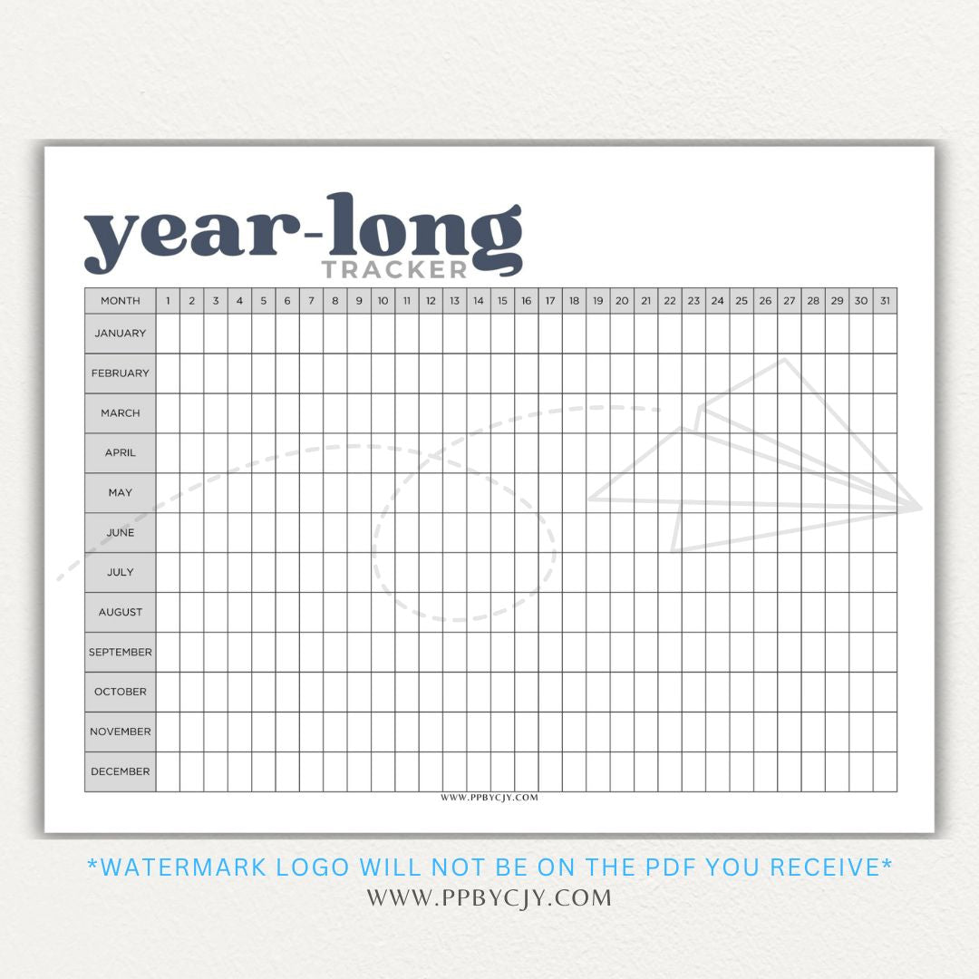 Year-Long Tracker Printable PDF Template for tracking habits, goals, and progress over 12 months.