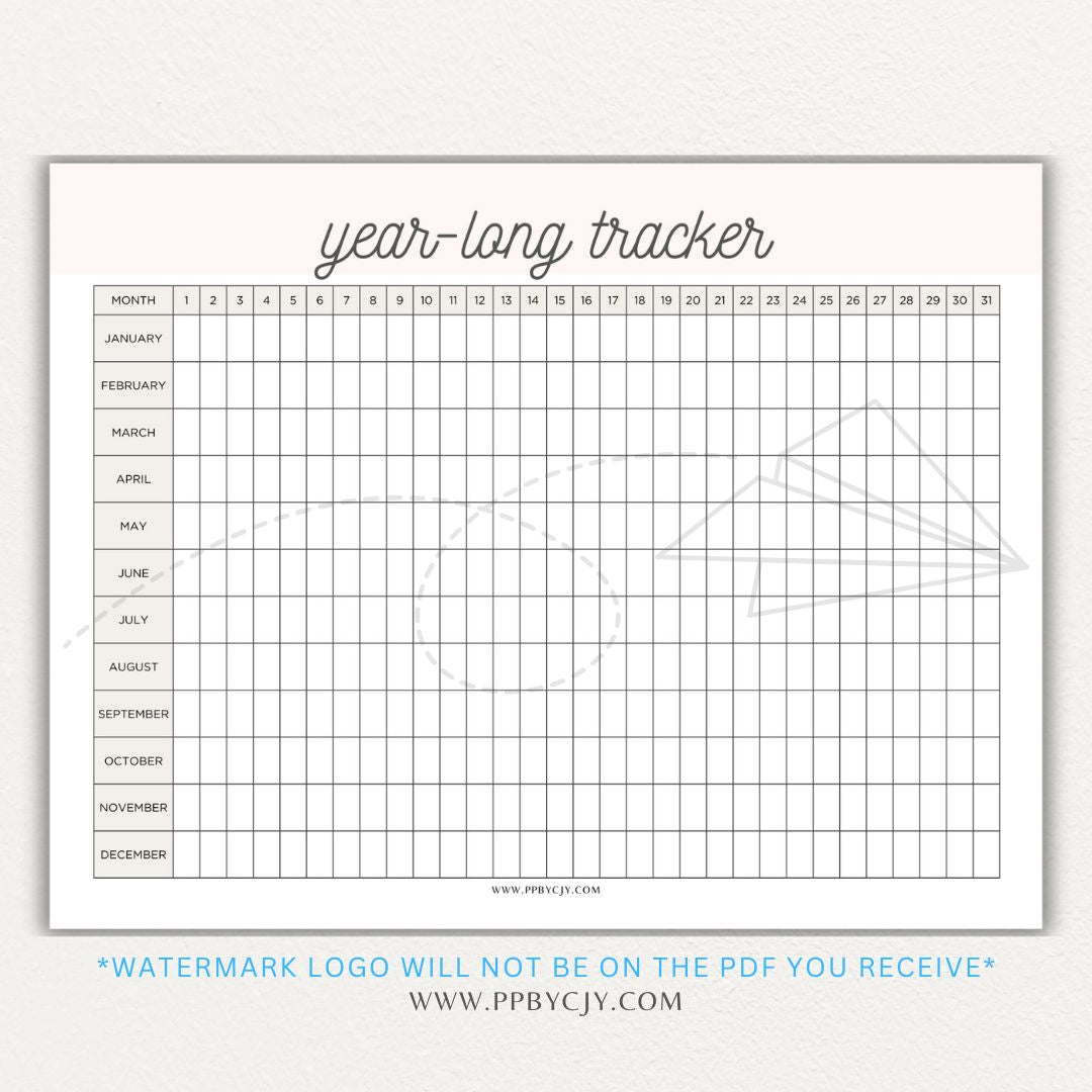 Year-Long Tracker Printable PDF Template for tracking habits, goals, and progress over 12 months.