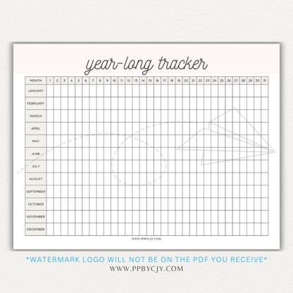 Year-Long Tracker Printable PDF Template for tracking habits, goals, and progress over 12 months.