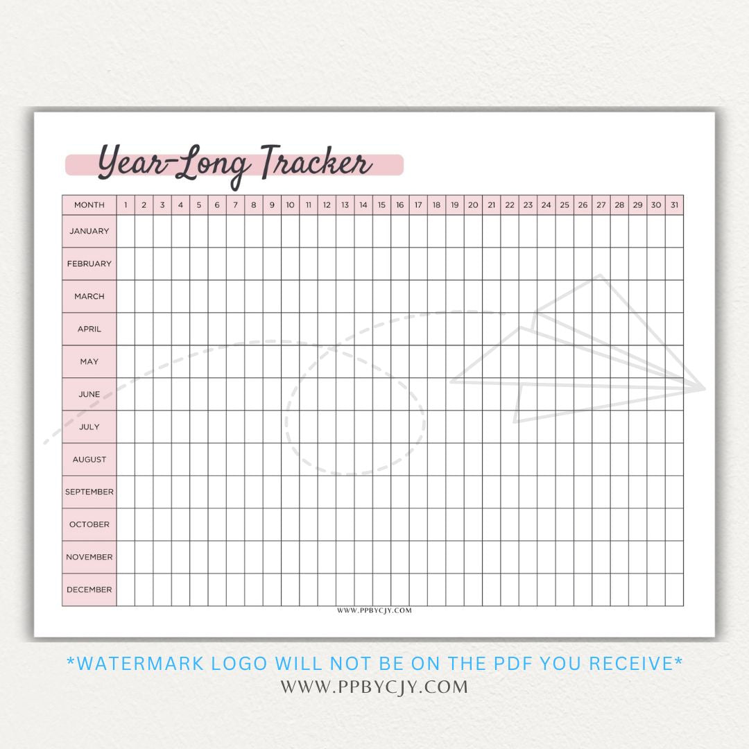 Year-Long Tracker Printable PDF Template for tracking habits, goals, and progress over 12 months.