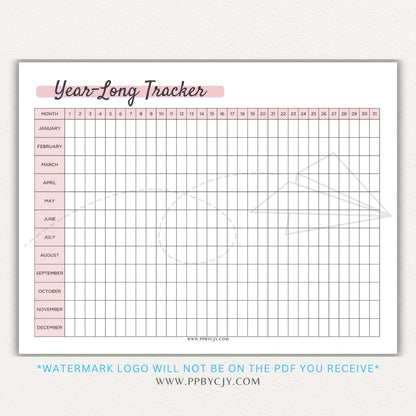 Year-Long Tracker Printable PDF Template for tracking habits, goals, and progress over 12 months.