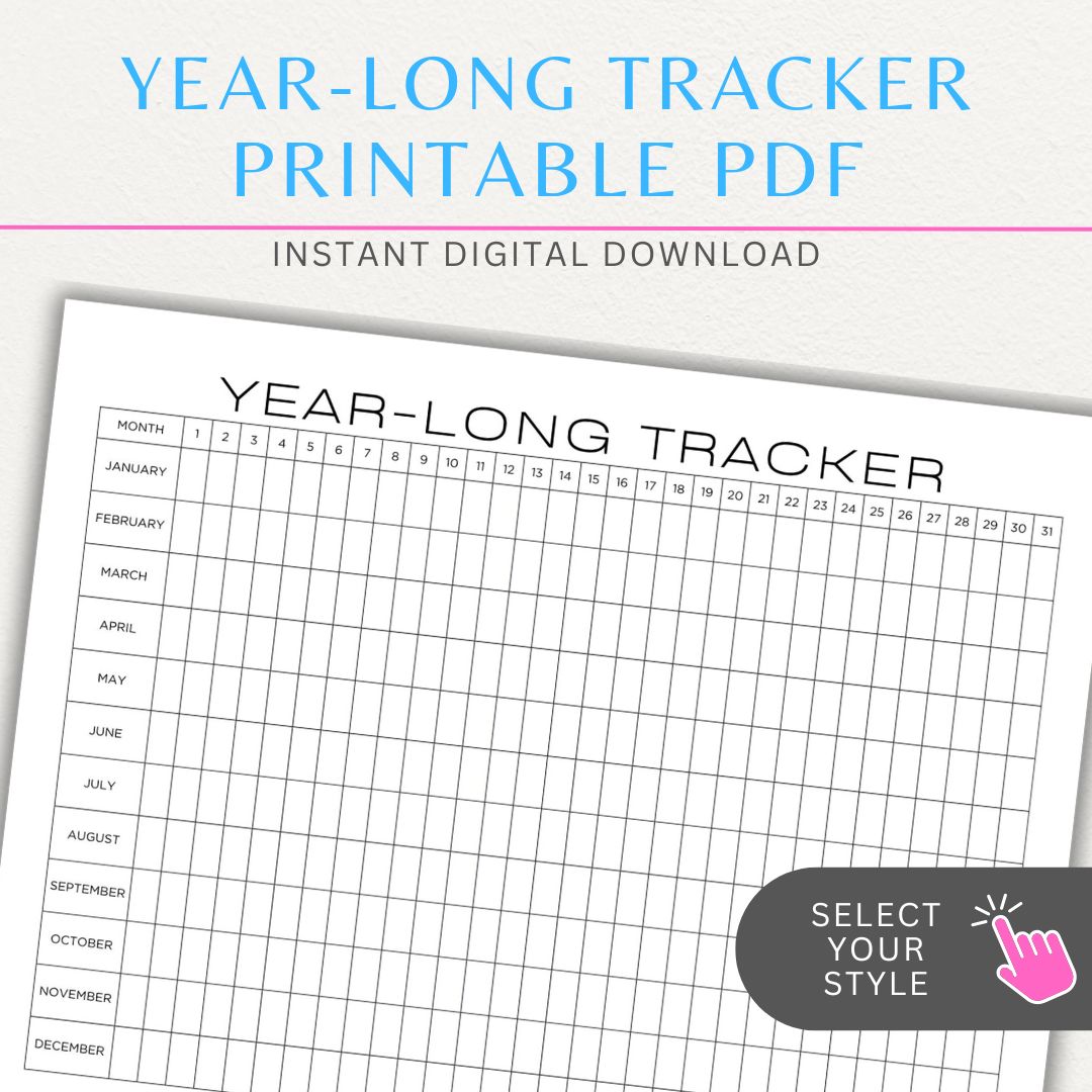 Year-Long Tracker Printable PDF Template for tracking habits, goals, and progress over 12 months.