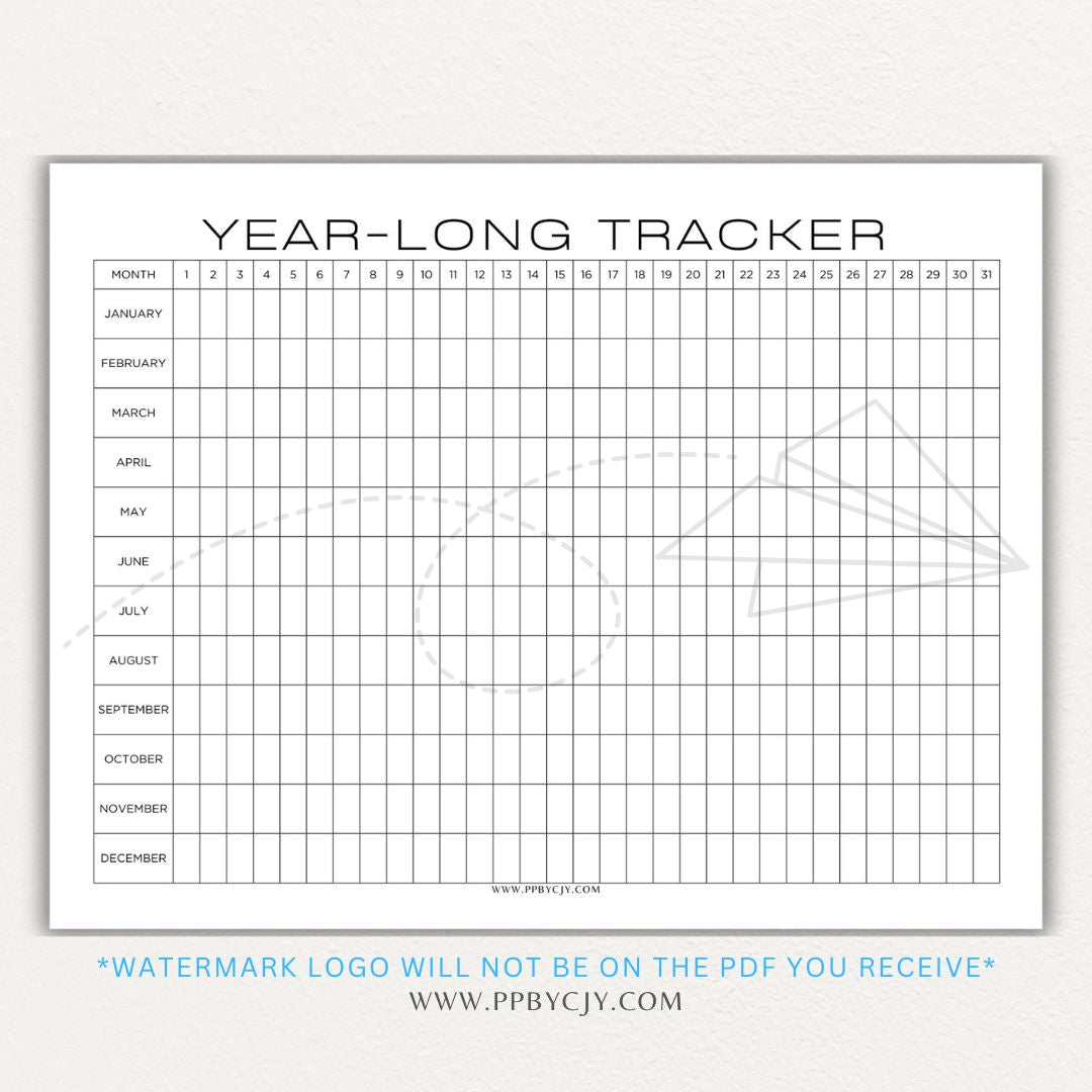 Year-Long Tracker Printable PDF Template for tracking habits, goals, and progress over 12 months.