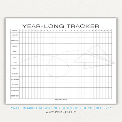 Year-Long Tracker Printable PDF Template for tracking habits, goals, and progress over 12 months.