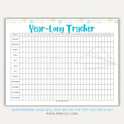 Year-Long Tracker Printable PDF Template for tracking habits, goals, and progress over 12 months.