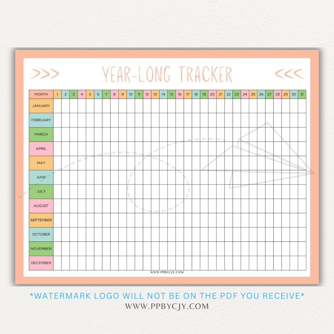 Year-Long Tracker Printable PDF Template for tracking habits, goals, and progress over 12 months.