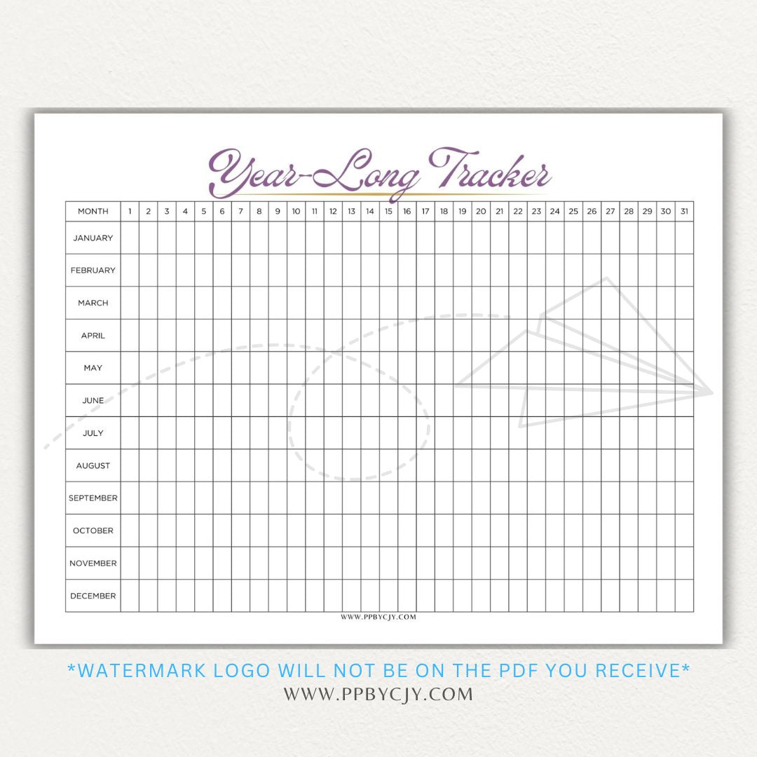 Year-Long Tracker Printable PDF Template for tracking habits, goals, and progress over 12 months.